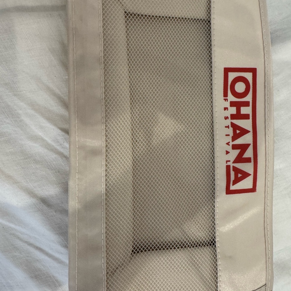 Ohana Festival Beige Mesh Tote with sealed Ohana lip moisturizer